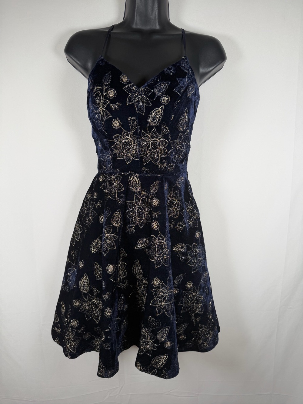 Jodi Kristopher Navy Gold Floral Velvet‎ Burnout Mini Dress with Gold Embroidery